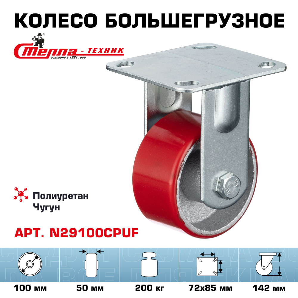 Колесо неповоротное Стелла-техник N29100CPUF диаметр 100мм, чугун/полиуретан, грузоподъемность 200кг #1