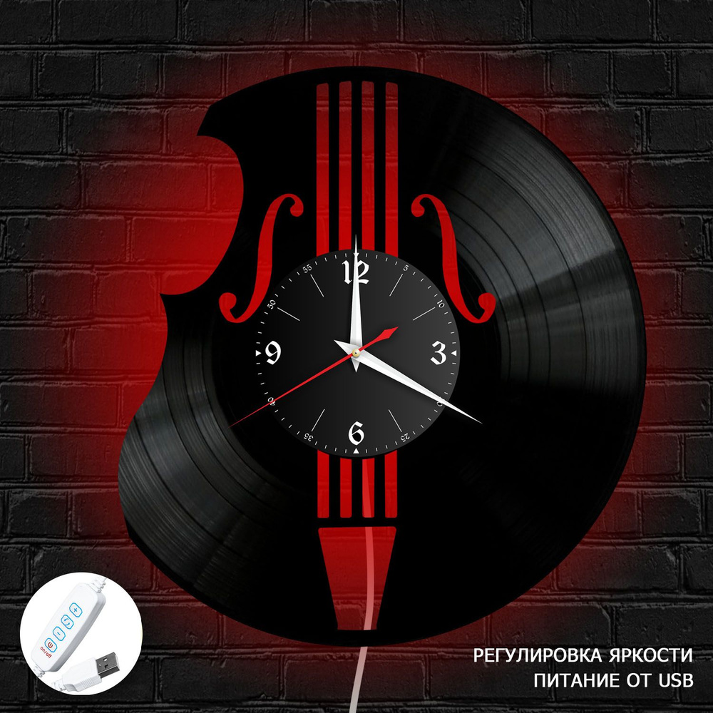 Настенные часы RedLaser "Музыка (Виолончель) из винила с красной подсветкой, №26", 30 см  #1