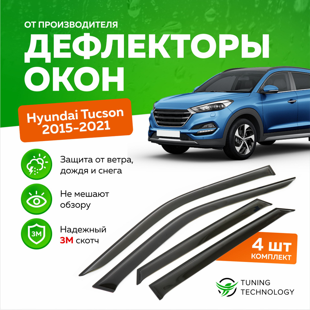 Дефлекторы боковых окон Hyundai Tucson (Хендай Туксон) 2015-2021, ветровики на двери автомобиля, ТТ  #1