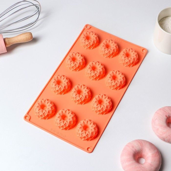 Форма силиконовая для выпечки "Немецкий кекс. Ажур", 12 ячеек, 28х16х1,5 см, цвет оранжевый  #1