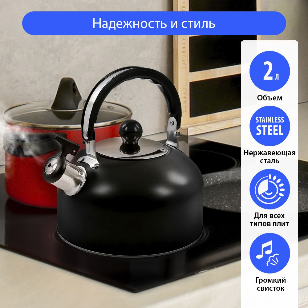 Чайник со свистком HOME ELEMENT HE-WK1602,2л, нерж. сталь , черный матовый  #1