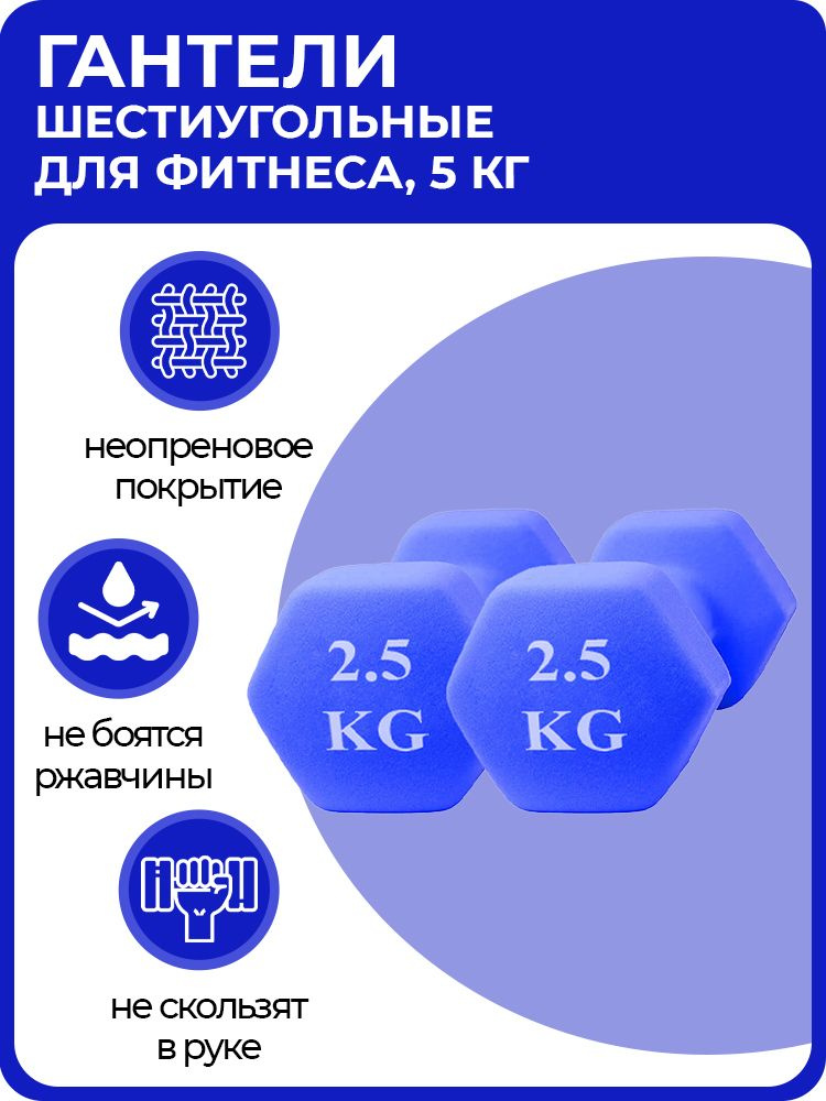 Гантели URM шестиугольные, неопреновые, (2х2,5кг), темно-синие. Уцененный товар  #1