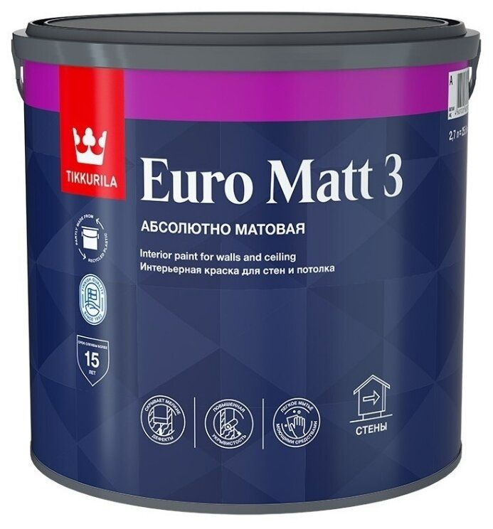 Tikkurila Краска Euro Matt 3_A Гладкая, до 50°, Водно-дисперсионная, Глубокоматовое покрытие, 3 кг, белый #1