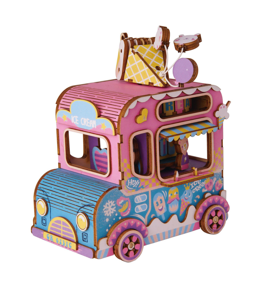 Конструктор деревянный механический для взрослых и детей Музыкальная шкатулка Фургончик с мороженым, #1