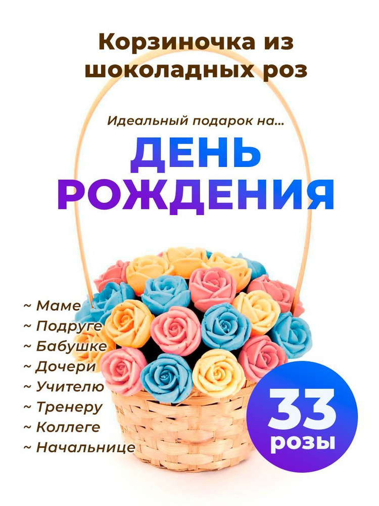 33 шоколадные розы CHOCO STORY в корзинке - Голубой, Оранжевый и Розовый Бельгийский шоколад, 396 гр. #1