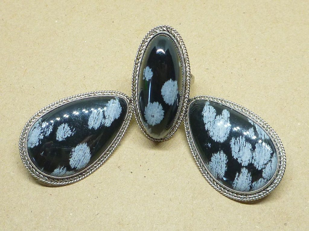 Комплект (серьги, кольцо) Снежный Обсидиан украшение из натуральных камней Зазеркалье  #1