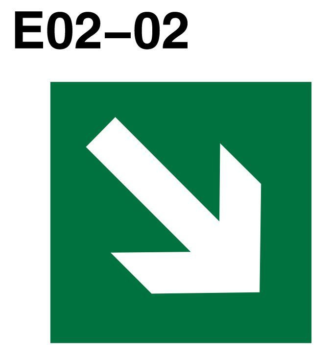 Фотолюминесцентный, плоский, эвакуационный знак Е02-02 Направляющая стрелка под углом 45 (самоклеящаяся #1