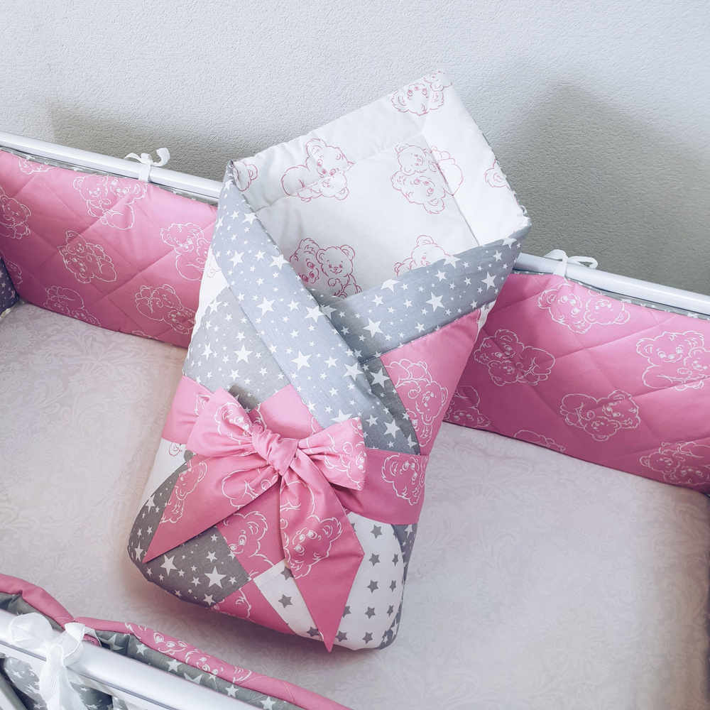 Одеяло лоскутное с лентой (конверт на выписку) серо-розовое  #1