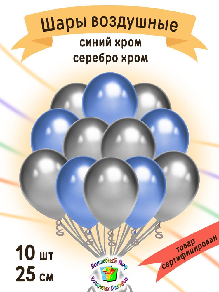 Воздушные шары "СИНИЙ / СЕРЕБРО хром" 10 шт. 25 см. латексные.  #1