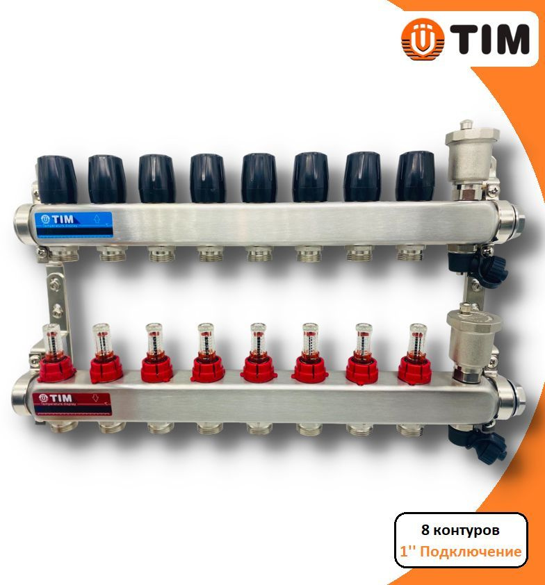 Коллектор для теплого пола с расходомерами, из нержавеющей стали, 1", 8 вых, комплектован: автовоздухоотводчик, #1
