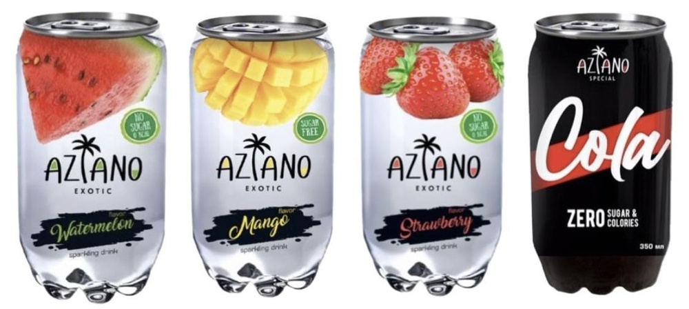 Набор из 4 банок напитков газированных Aziano по 350 мл (арбуз, кола, клубника, манго)  #1