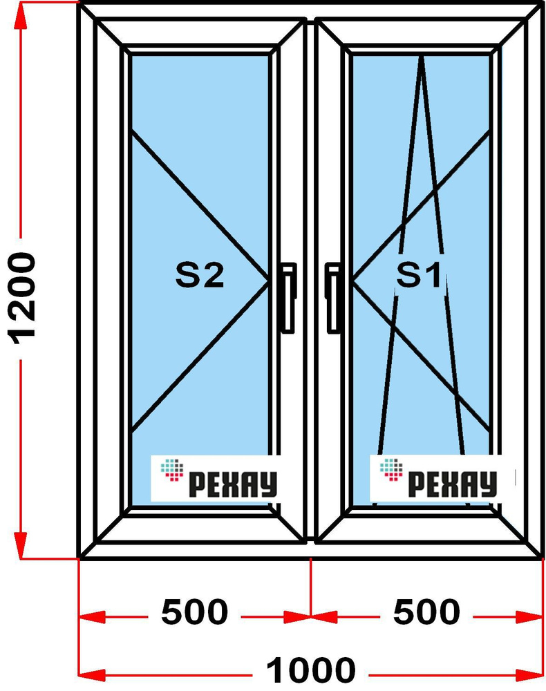 Окно пластиковое+москитка, профиль РЕХАУ BLITZ (1200 x 1000), левая створка поворотная, правая поворотно-откидная, #1