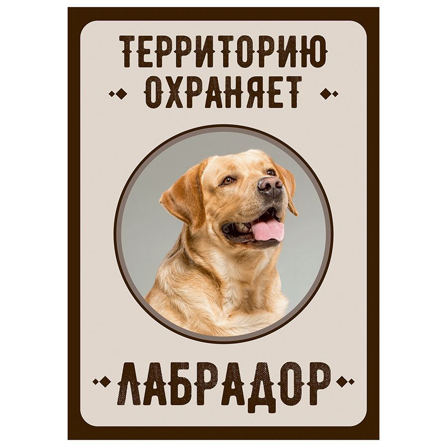 Табличка, Злая собака, Территорию охраняет Лабрадор, на металлической основе, 18см х 25 см, на забор, #1