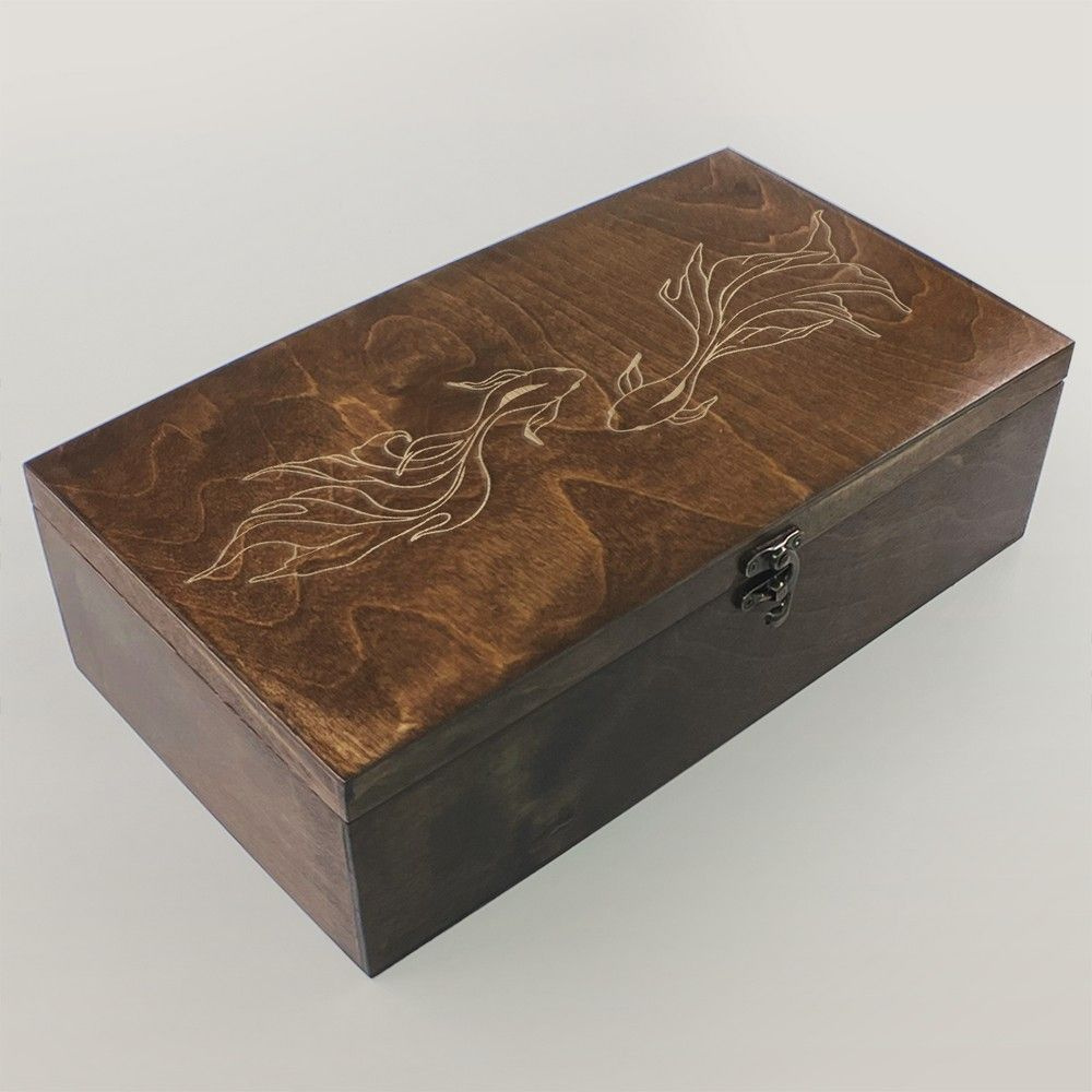 Коробка для чайных пакетиков (Чайница) из дерева, большая, 4 отделения с узором "Иллюстрация Рыбки коху #1