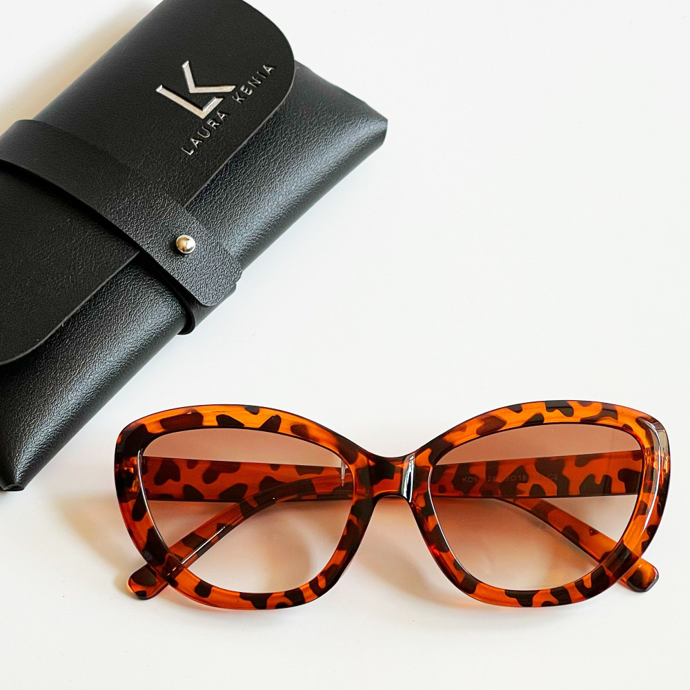 Очки солнцезащитные женские овальные/ модные очки и футляр, тёмно-коричневый леопард  #1