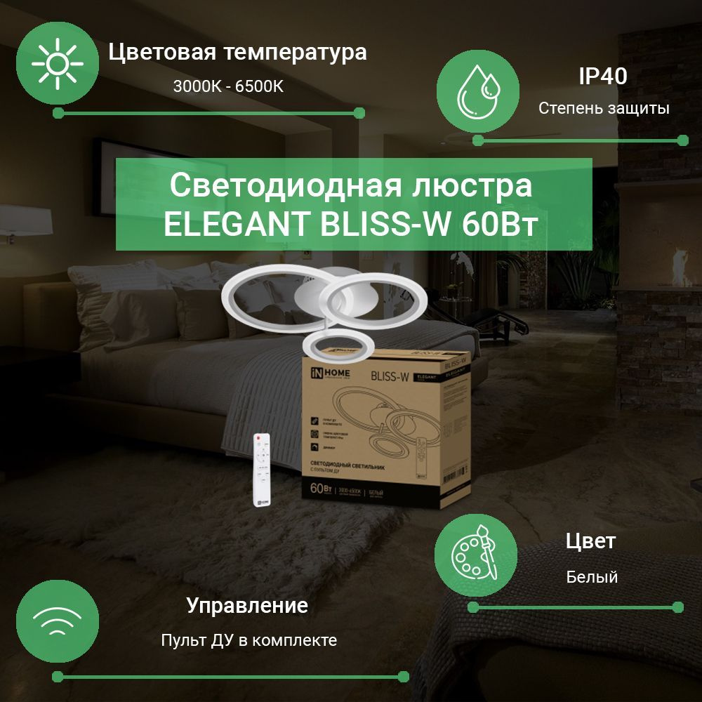 Светильник сд ELEGANT BLISS-W 60Вт 230В 3000-6500K 4700Лм 500х500х140мм c пультом ДУ белый IN HOME (арт.4690612043364) #1