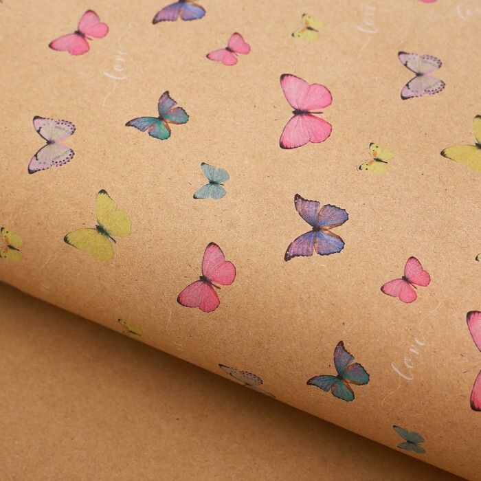 Упаковочная бумага для подарков крафт Бабочки 2 листа 50х70см, подарочная упаковка в набор входит лента #1