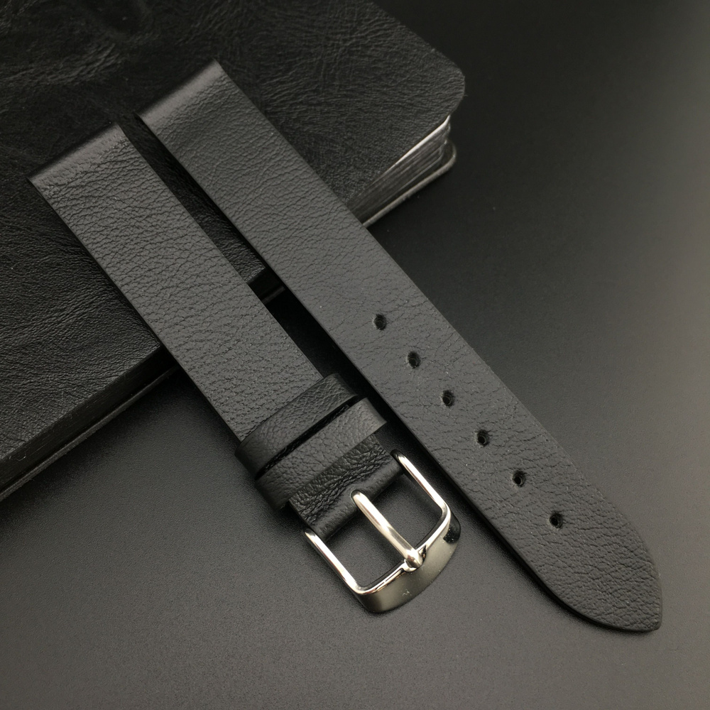 Ремешок для часов кожаный 16 мм, черный, матовый, пряжка серебристая, 1 шт  #1