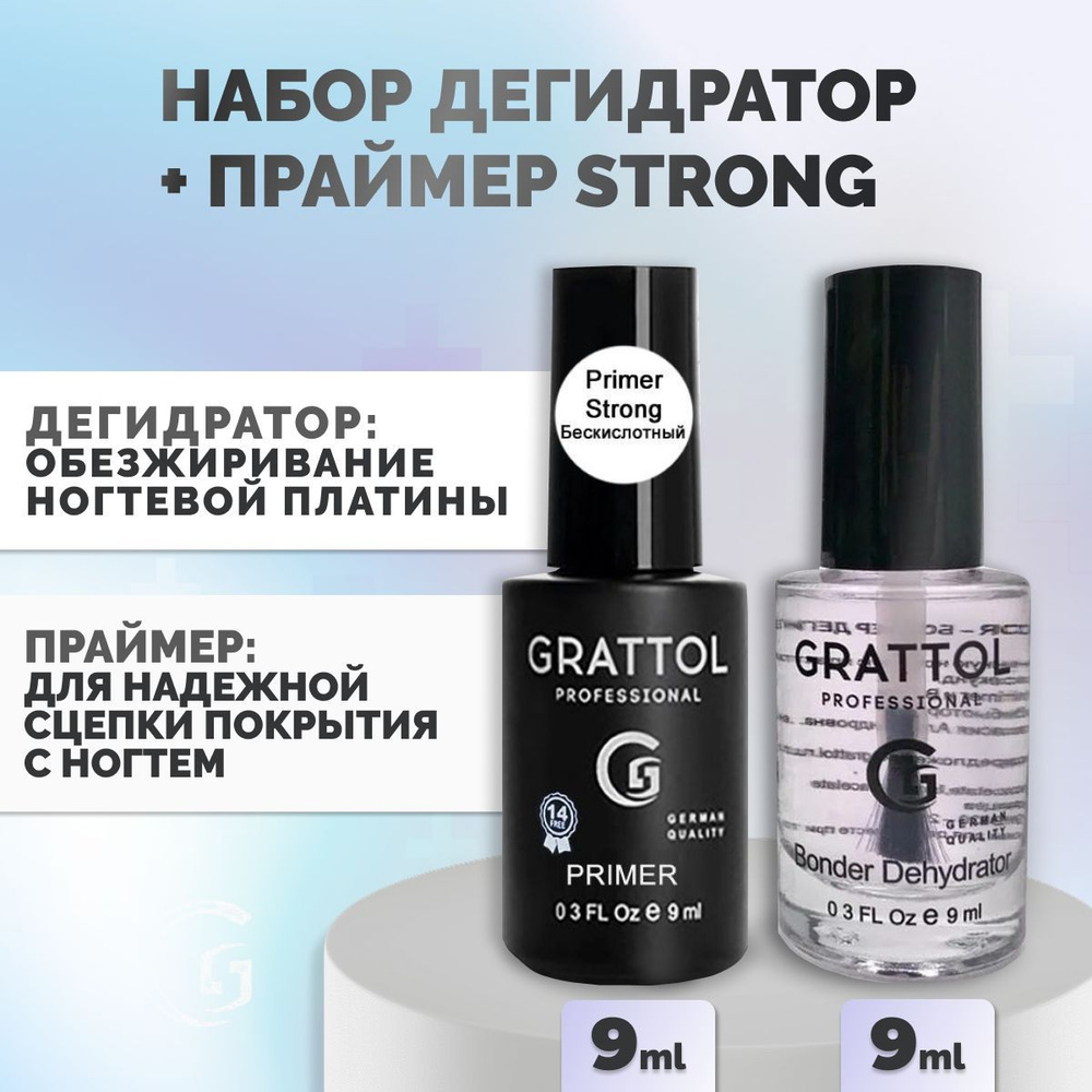 Праймер для ногтей Grattol бескислотный Primer acid-free Strong и Обезжириватель Бондер-дегидратор  #1