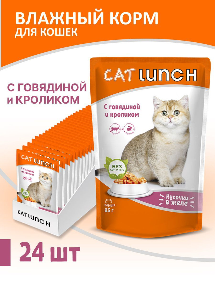 Влажный корм для кошек Cat Lunch кусочки в желе Говядина и Кролик, пауч, 85г х 24шт  #1