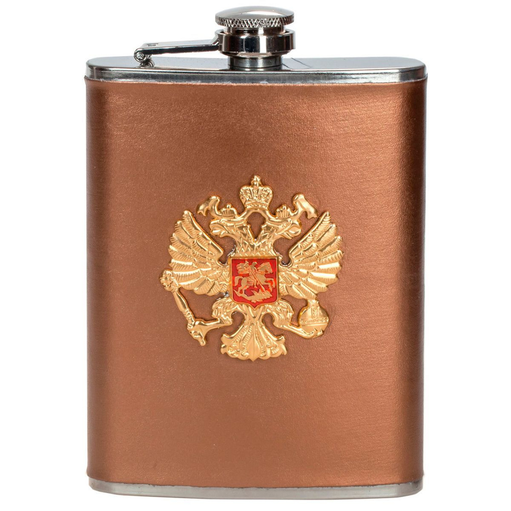 Фляга Voenpro бронза, кожа, герб РФ, 9 унций #1