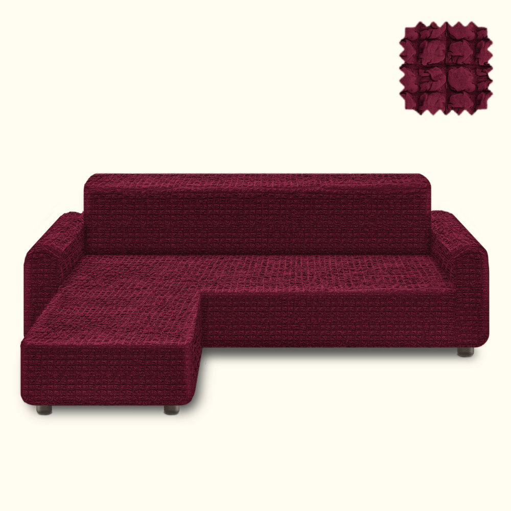 Чехол на угловой диван с оттоманкой KARTEKS, на левый угол без оборки, натяжной на резинке, бордовый #1