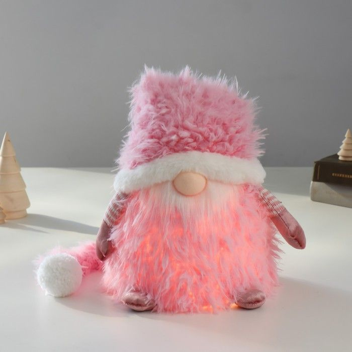 Кукла интерьерная свет, Дед Мороз в розовой шубке и длинном колпаке, 20х20х25 см  #1