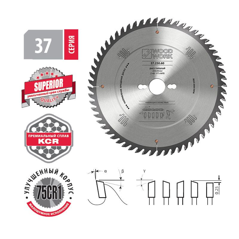 Диск пильный для фанеры SUPERIOR 250*3.2*30H*60T A12 ATB+shear Woodwork 37.250.60  #1