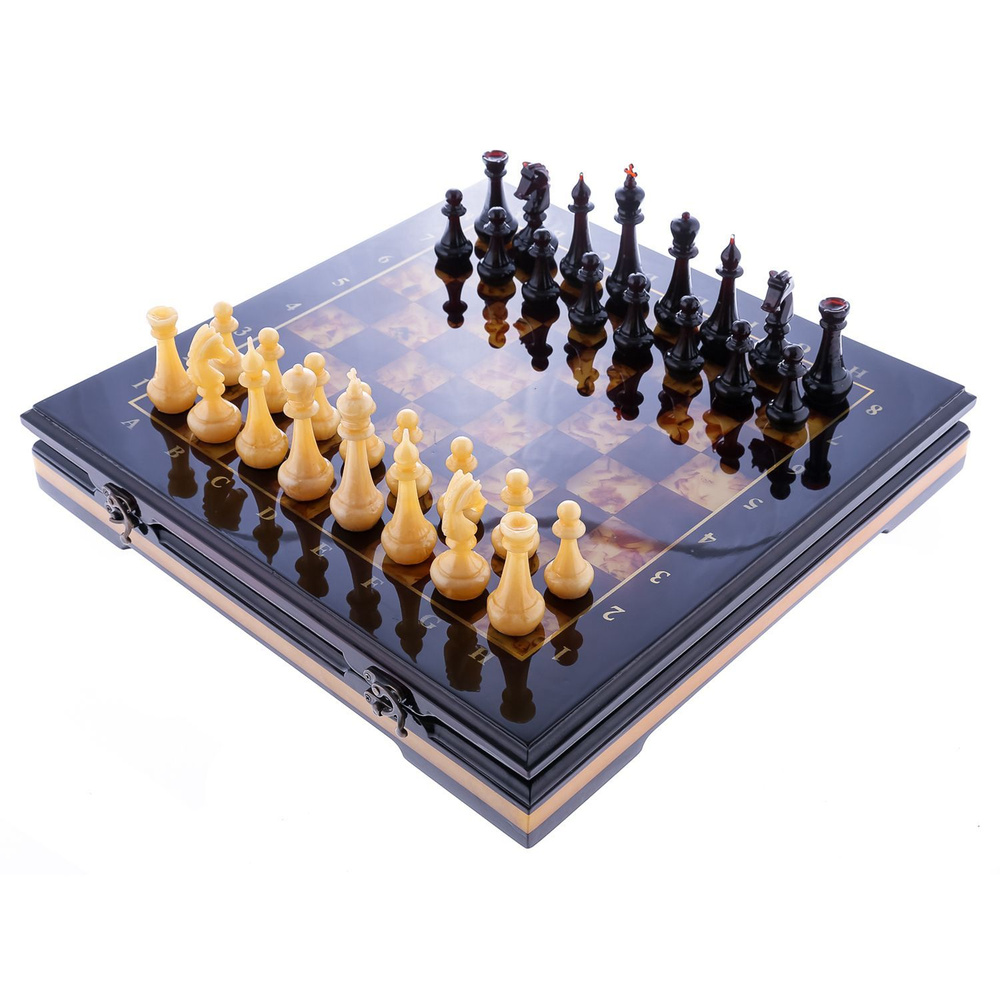 Шахматы с инкрустацией и фигурами из янтаря "Европа" 42х42 см  #1