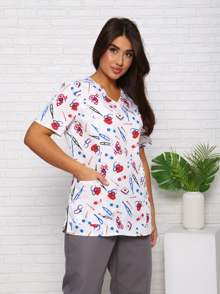 Блуза медицинская женская с принтом/ спецодежда медицинского персонала (46)  #1