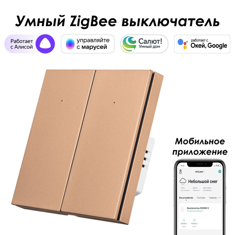 Умный Zigbee выключатель ROXIMO, двухкнопочный, SZBTN01-2C Работает с Алисой, Марусей и Google  #1