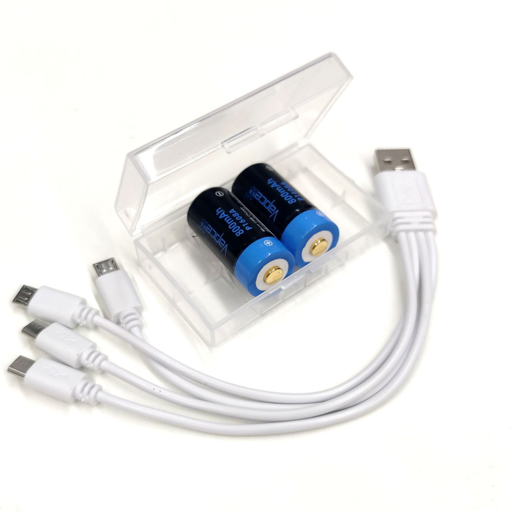 Аккумулятор INR 16340 USB (RCR123A) Li-ion 3.7V, VAPCELL P1608A, 800mAh, 2 шт. в боксе + провод  #1