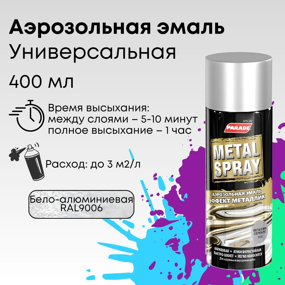 Краска аэрозольная PARADE METAL SPRAY RAL9006, эмаль быстросохнущая влагостойкая, бело-алюминиевый, объем #1