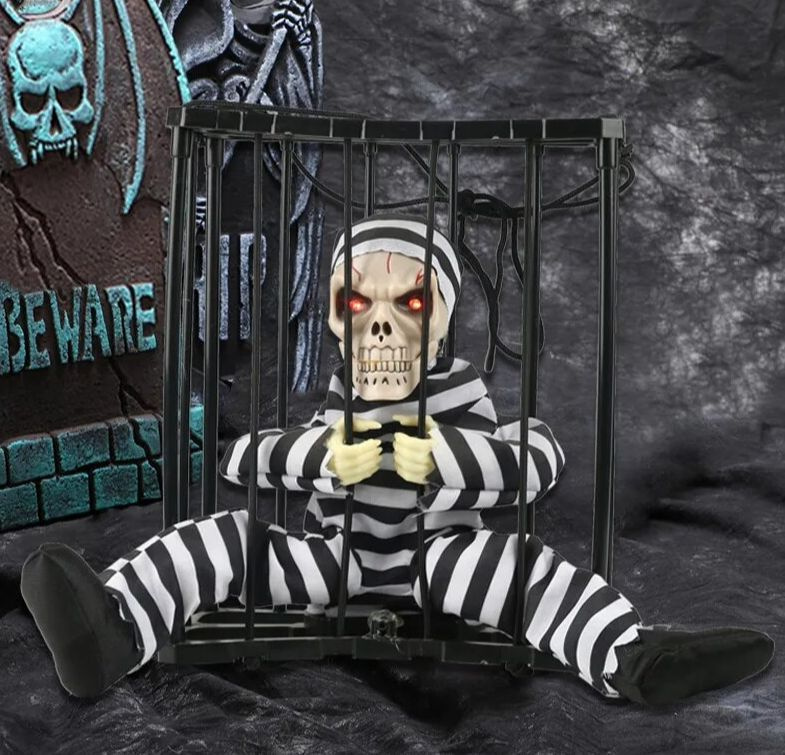 Игрушка интерактивная на Хэллоуин Скелет в Клетке со звуком с датчиком  #1