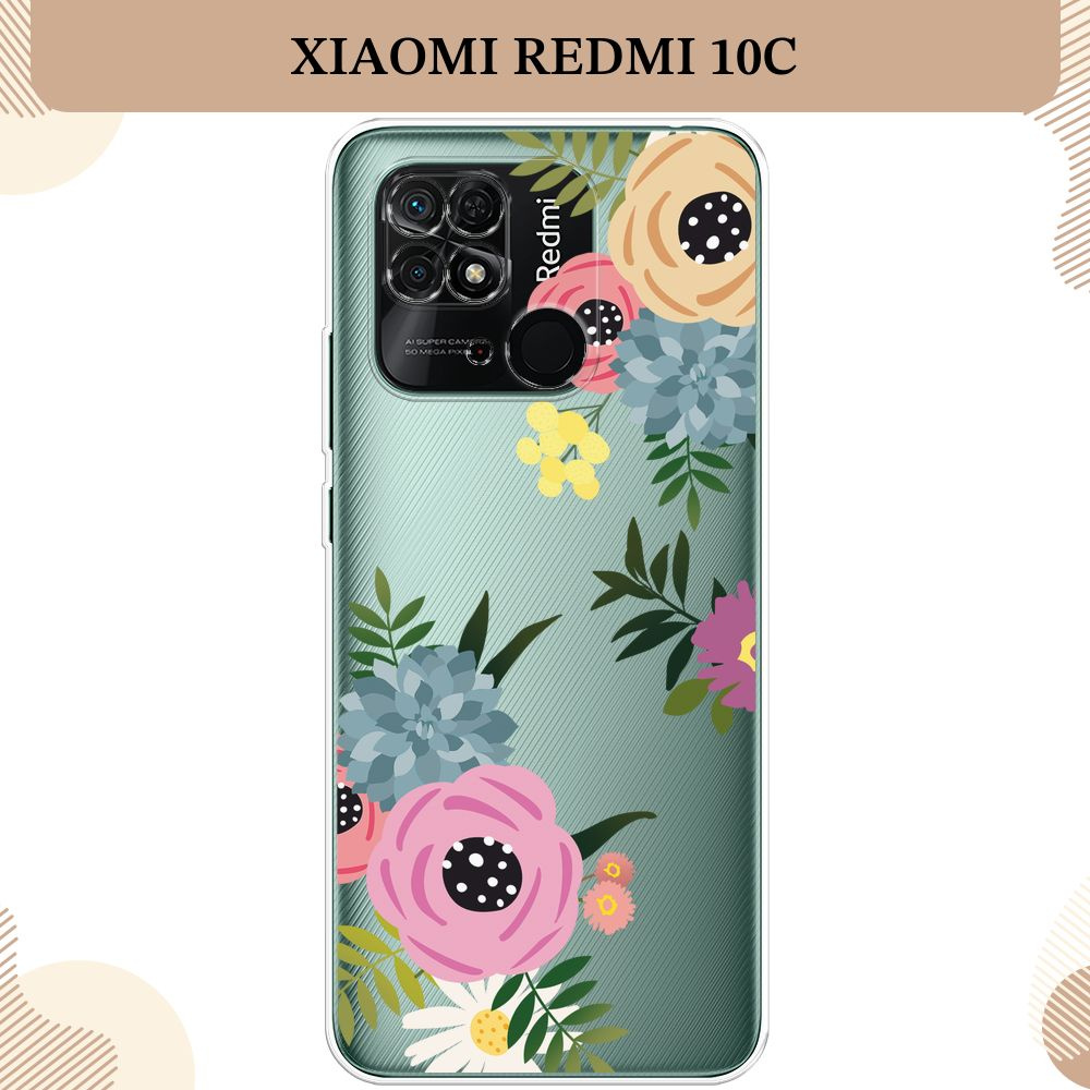 Силиконовый чехол на Xiaomi Redmi 10C / Сяоми Редми 10С Colored flowers, прозрачный  #1