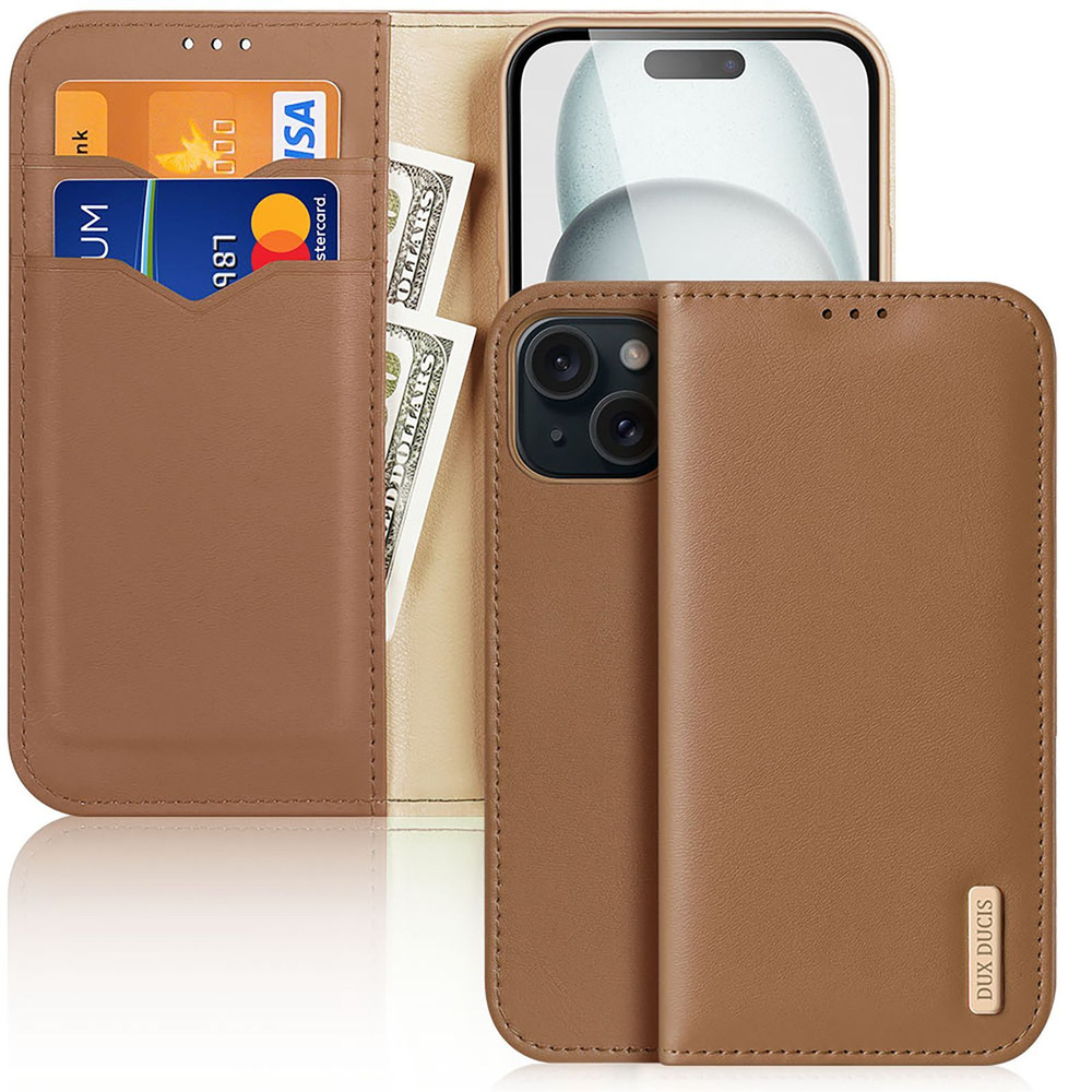 Чехол бумажник из натуральной кожи Dux Ducis для iPhone 15, Hivo series коричневый  #1