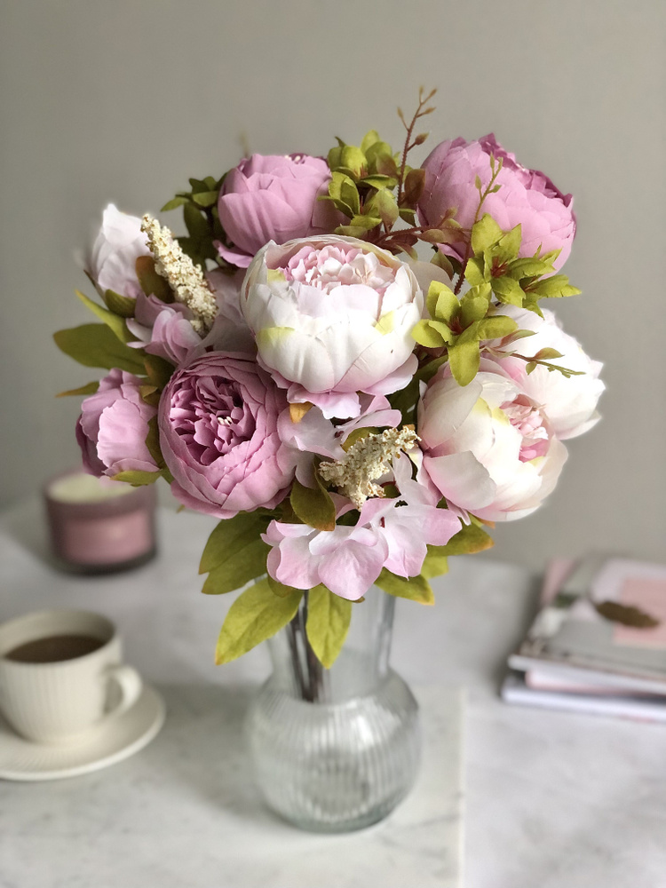 Искусственные цветы пионы для декора / Декоративный букет, 45 см, розовый  #1