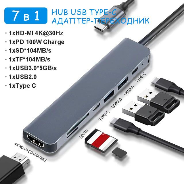 7В1 Переходник HUB USB 3.0 - HDMI - Type C, Адаптер USB 3.0 2.0, Type C, PD 100W #1