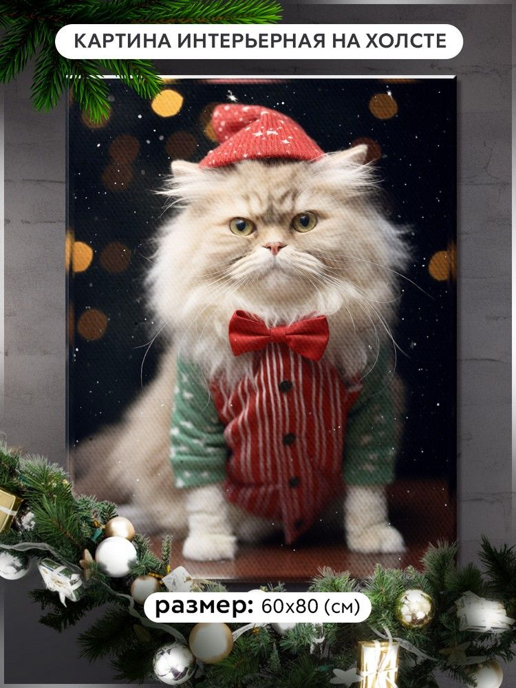 Картина интерьерная на холсте кот перс в новогоднем костюме (животные, рождество) - 12702 В 80x60  #1