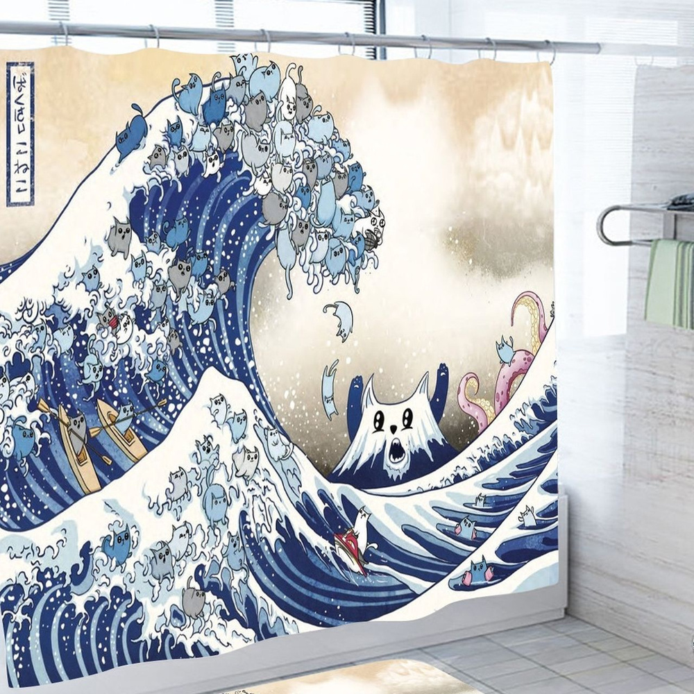 Штора для ванной "Кошачье цунами" занавеска в ванную комнату 150х180 см с крючками  #1