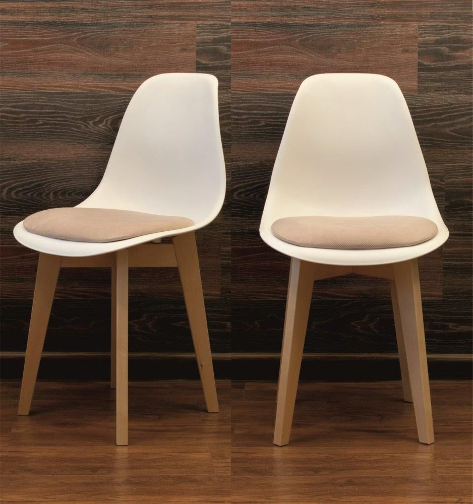 Комплект из 2 стульев Сашш для кухни, белого цвета, с мягкой бежевой сидушкой, на деревянных ножках натурального #1