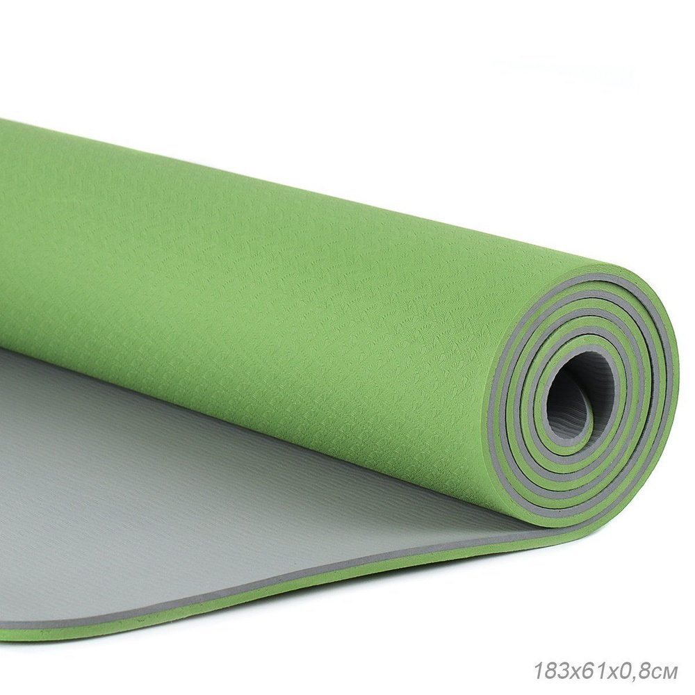 Коврик для йоги и фитнеса спортивный гимнастический двухслойный TPE 8мм. 183х61х0,8 мм, зелёный  #1