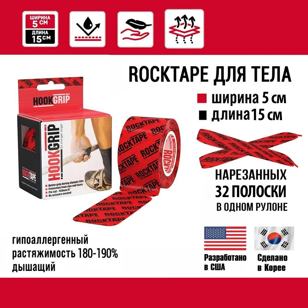 Кинезио тейп Rocktape pre-cut 5см х 15см (32 шт.), преднарезанный, Hookgrip  #1