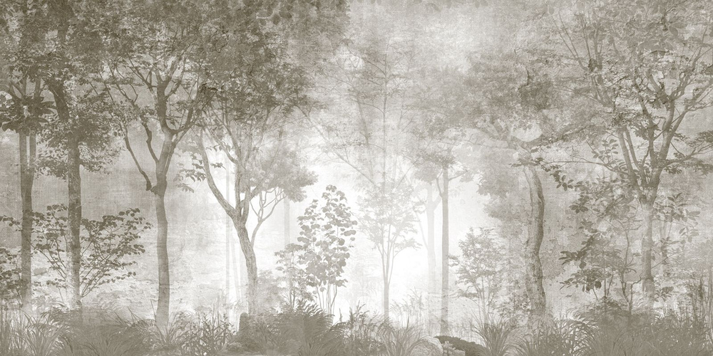 Фотообои флизелиновые на стену 3д GrandPik 10306 Лофт "Лес, деревья в тумане, винтаж", 600х300 см(Ширина #1