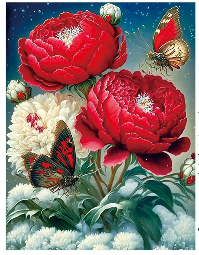 Алмазная мозаика 40х50 "Пионы и бабочки" /На подрамнике/ Полная выкладка / Новый Мир  #1