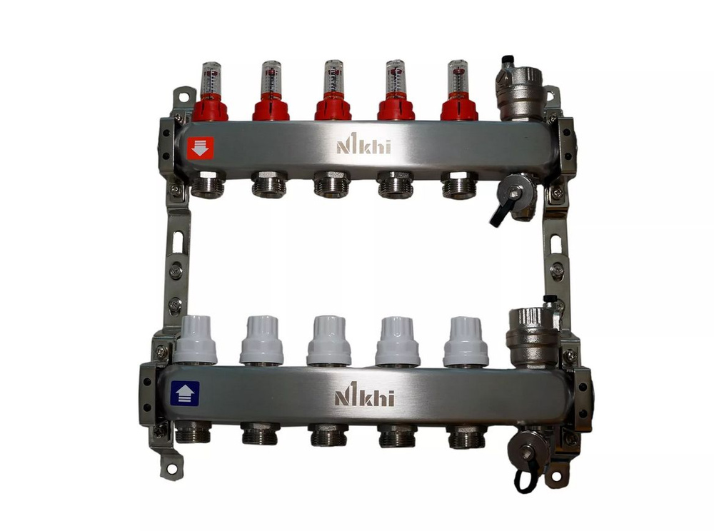Коллекторная группа c расходомерами 1'x3/4', 5 выходов, НЖ сталь Nikhi  #1