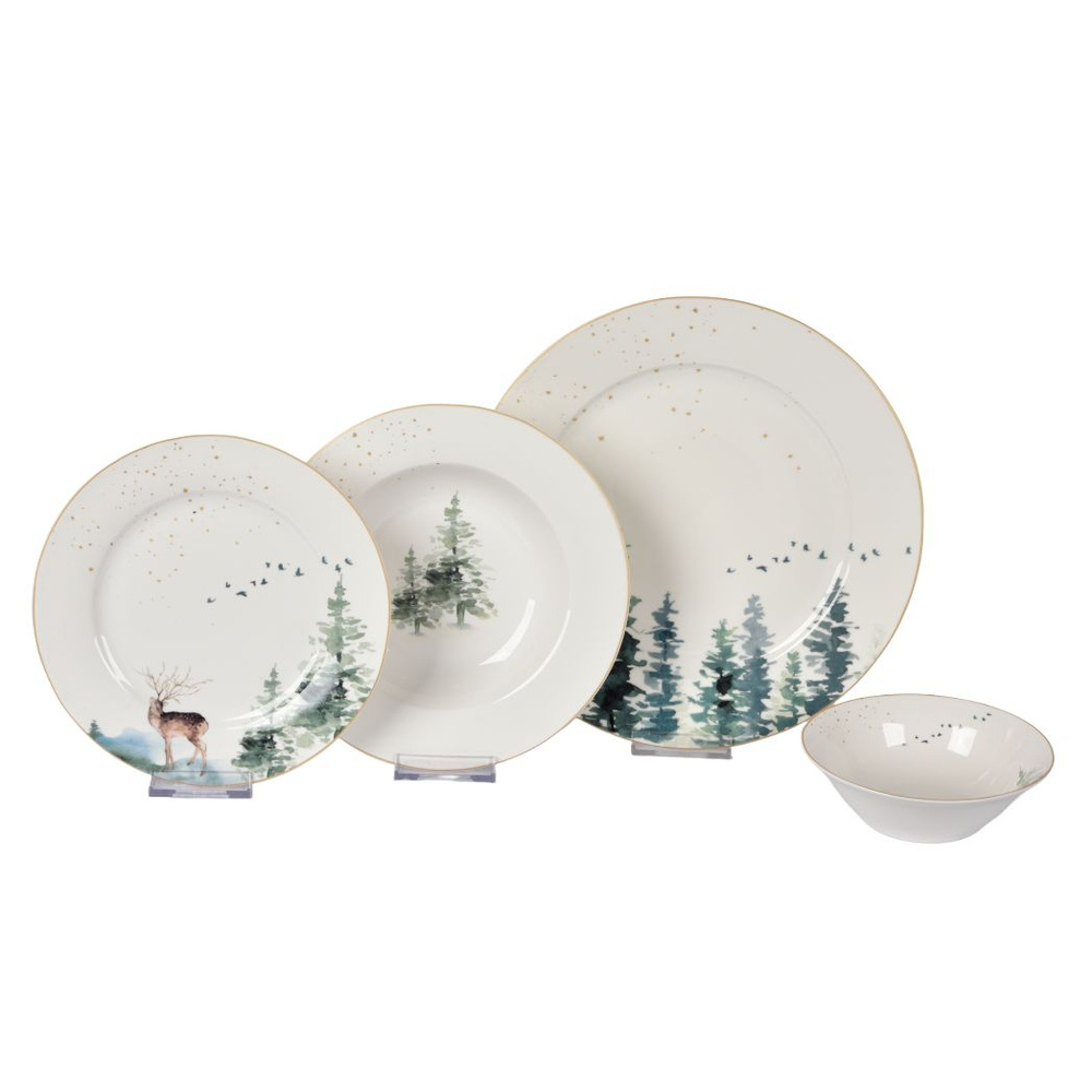 Набор Столовой Посуды Arya из Костяного фарфора, на 6 персон, 24 пр. Pine Белый, зеленый  #1
