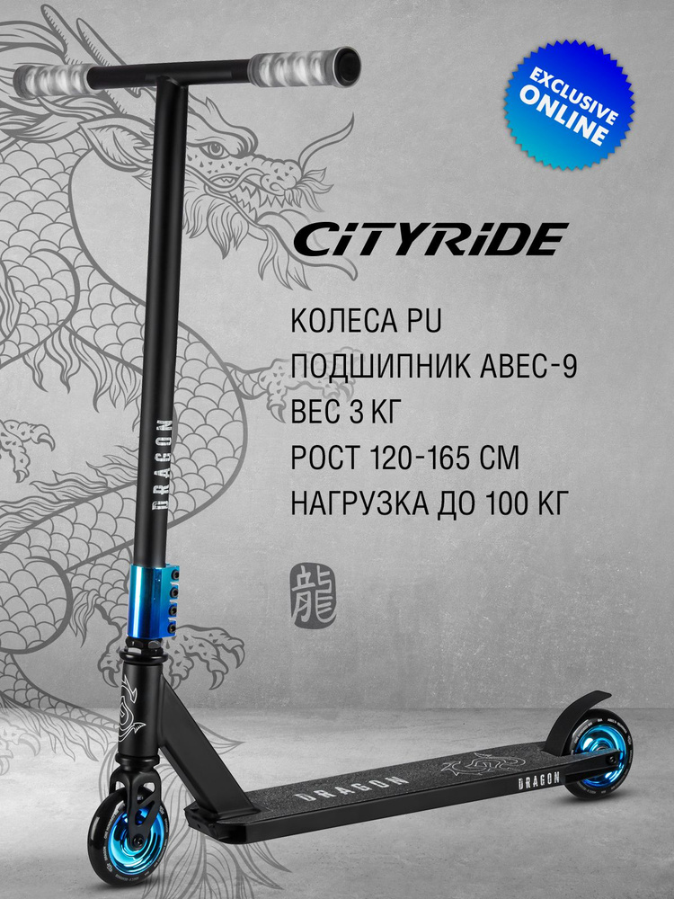 Самокат двухколесный CITYRIDE трюковый, колеса PU 100/100, стальной тормоз, подшипники Abec-9, цвет черный #1