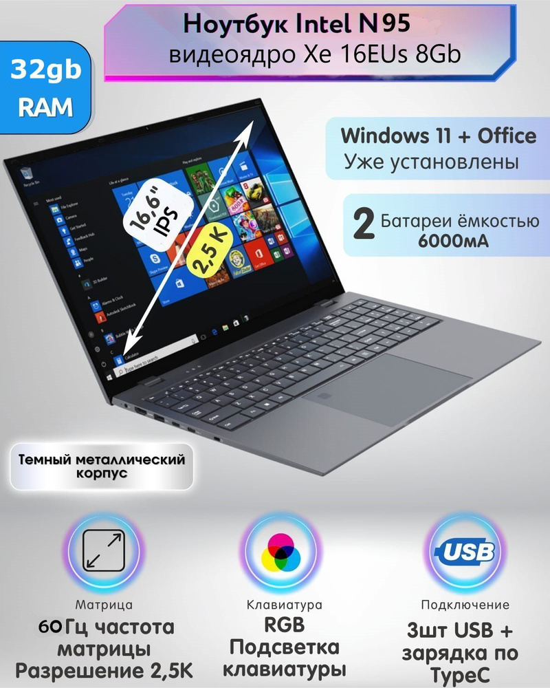 16" Intel N95 2.5K 32Gb SSD 1TB Ноутбук 16", Intel N95, RAM 32 ГБ, SSD, Windows Home, темно-серый, Русская #1