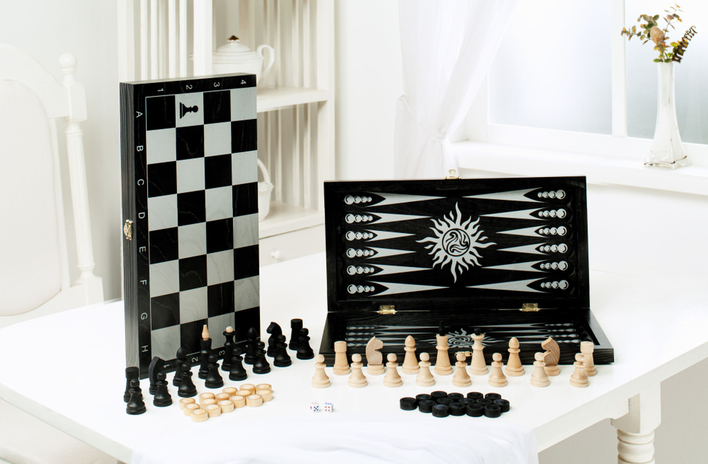 Игра 3в1 малая черная, рисунок серебро с обиходными деревянными шахматами "Объедовские" (нарды, шахматы, #1